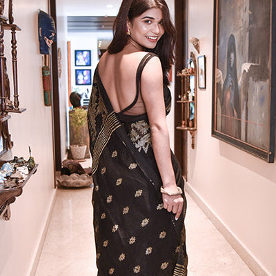 Black Linen Saree - ArtisanSoul