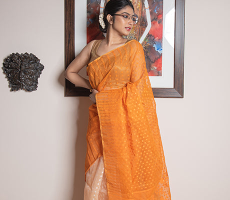 Handloom Jamdani All Body Work in Magnificent Orange Color