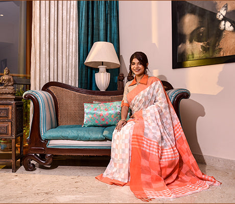 Handloom Cotton Saree with Jaba Kaj/Design in Orange - ArtisanSoul