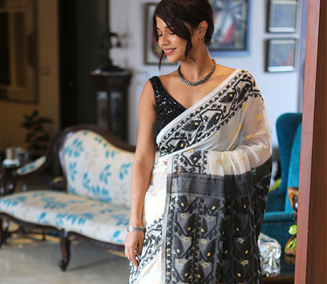 Handloom Saree with Jamdani Sub Dhakai Design all Over the Saree  - Black and White