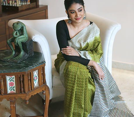 Kantha Stitch on Silk Saree with Jalchuri Pattern - Olive