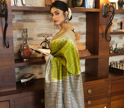 Kantha Stitch on Silk Saree with Jalchuri Pattern - Olive