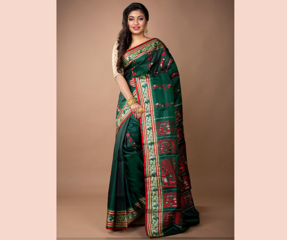 Murshidabad Silk - Double Jakard Handloom Minakari Garod Saree - Bottle Green