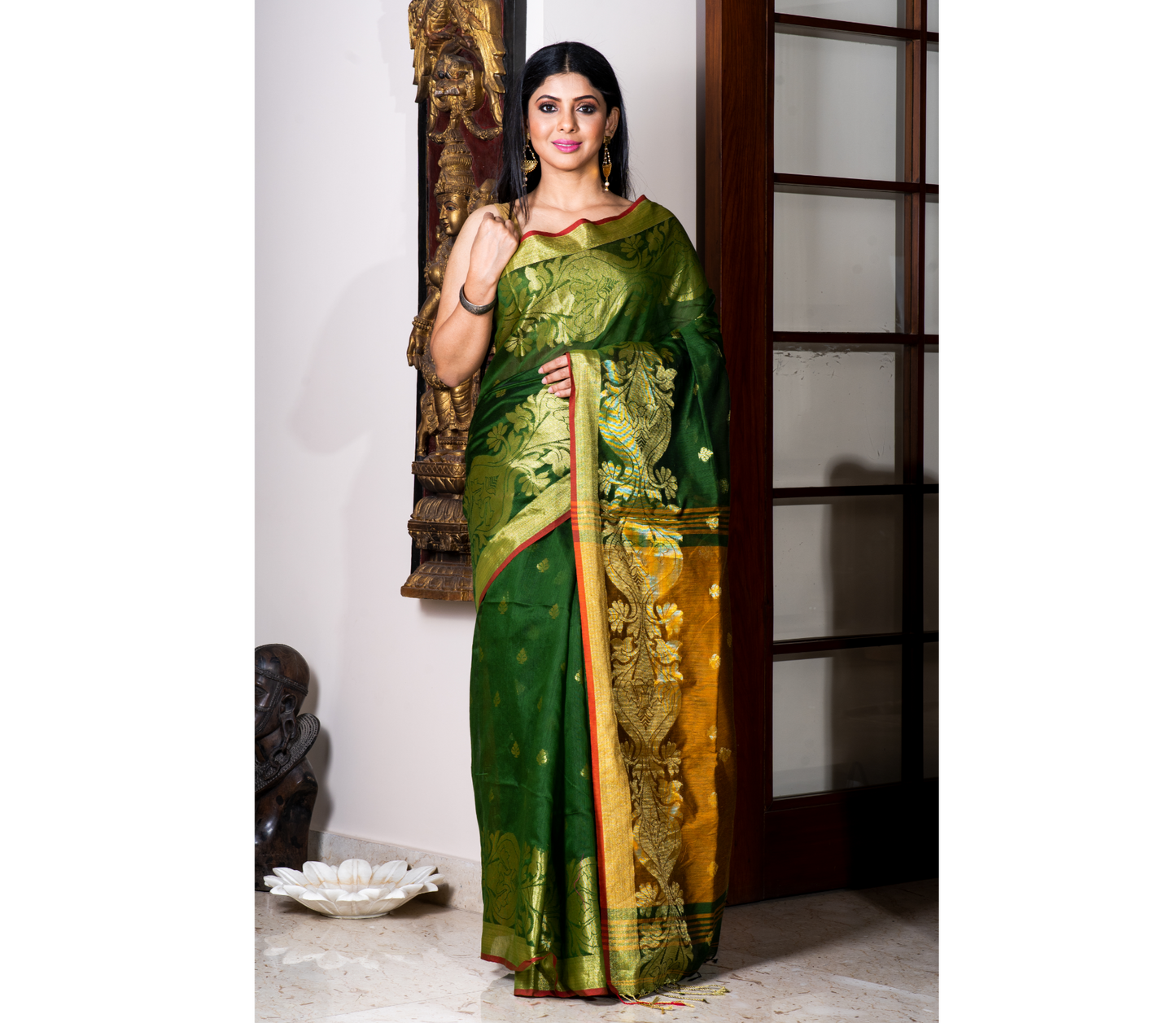 Handloom Saree - Bottle Green & Mustard Yellow - ArtisanSoul