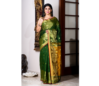 Handloom Saree - Bottle Green & Mustard Yellow - ArtisanSoul