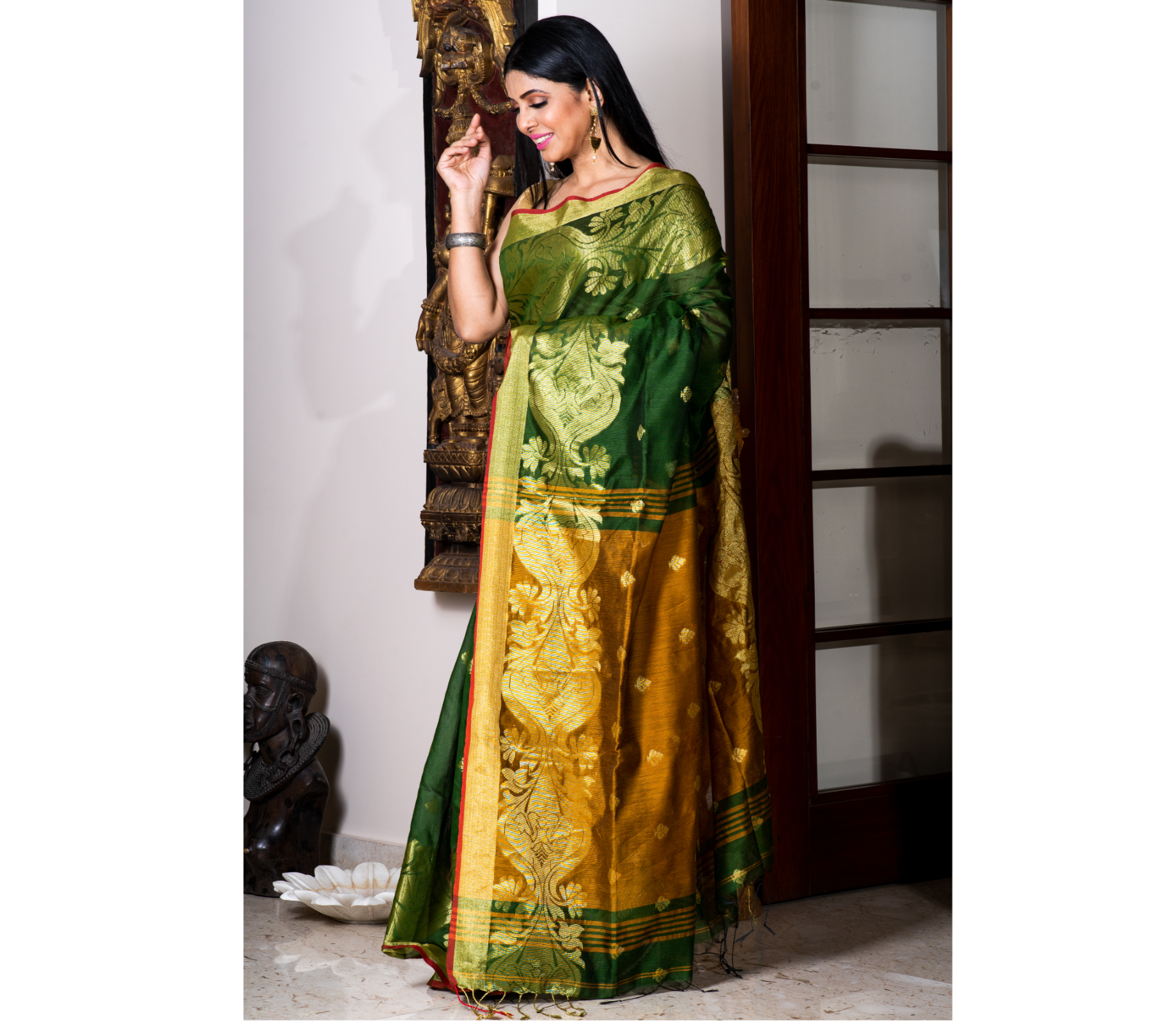 Handloom Saree - Bottle Green & Mustard Yellow - ArtisanSoul