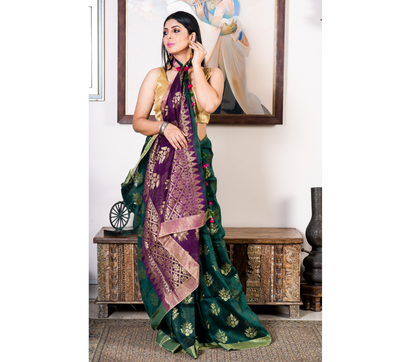 Linen Saree With Work All Over The Saree - Bottle Green & Violet