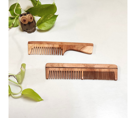 Neem Wood Combs (Fine teeth with handle comb & Dual teeth comb)