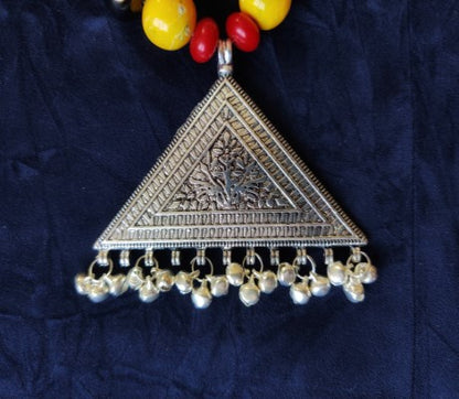 Ethnic Handcrafted Necklace with Tringle design Pendant - Red and Yellow