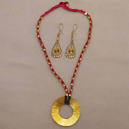 Handcrafted Dokra Necklace with Earring from Odisha - Pink Threaded Circle Coil Type - ArtisanSoul