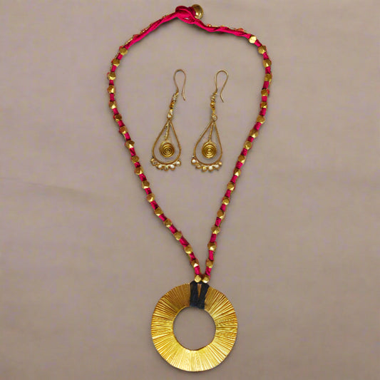Handcrafted Dokra Necklace with Earring from Odisha - Pink Threaded Circle Coil Type - ArtisanSoul