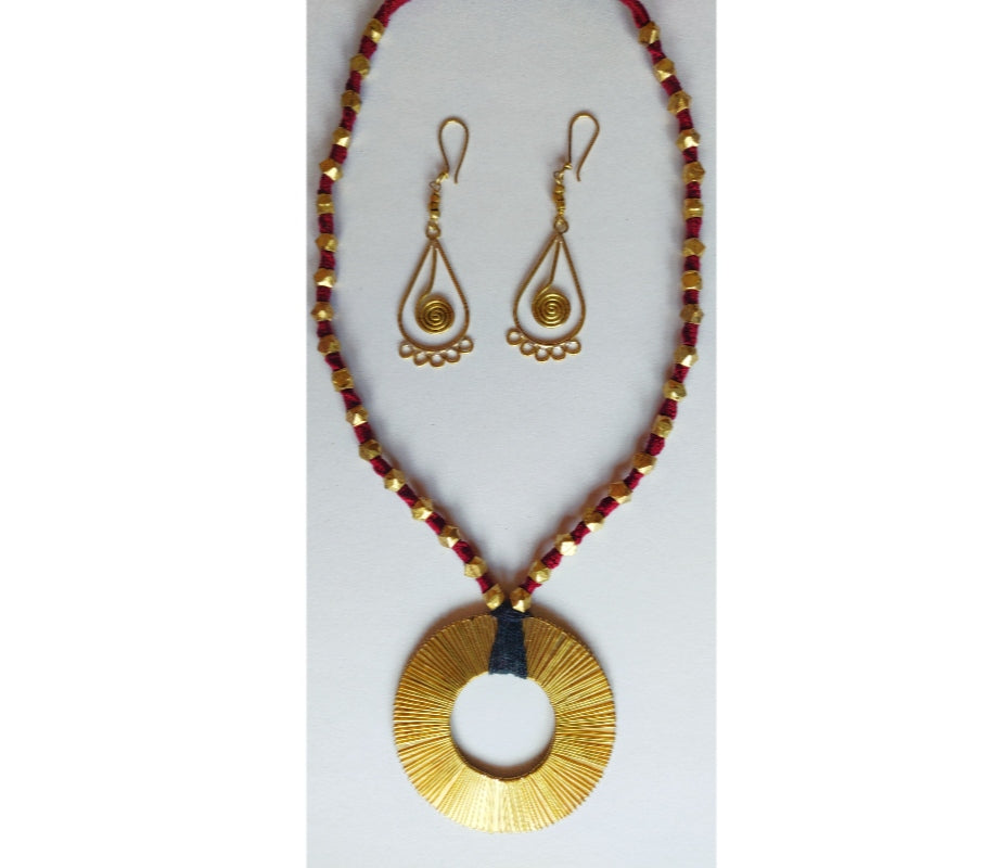 Handcrafted Dokra Necklace from Odisha - Maroon Threaded Circle Coil Type