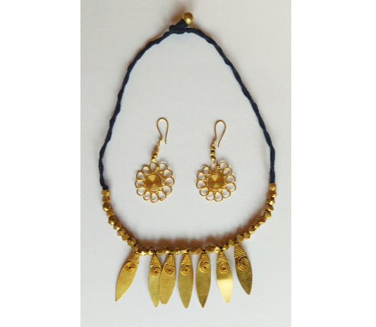 Handcrafted Dokra Necklace with Earring from Odisha - Black Threaded Diya Design - ArtisanSoul