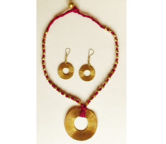 Handcrafted Dokra Necklace from Odisha - Pink Threaded Coil Design - ArtisanSoul