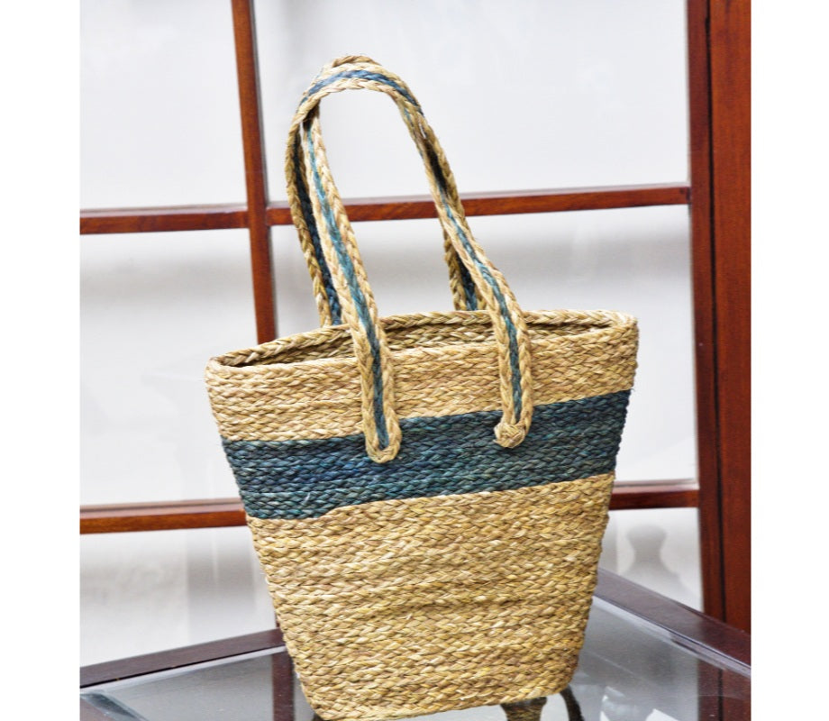 Ladies Hand Bag made of Sabai Grass from Bengal - Blue and Natural