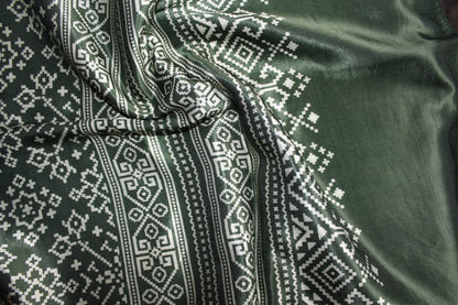 Ajrakh Print Modal Silk Stole From Bengal - Olive Green