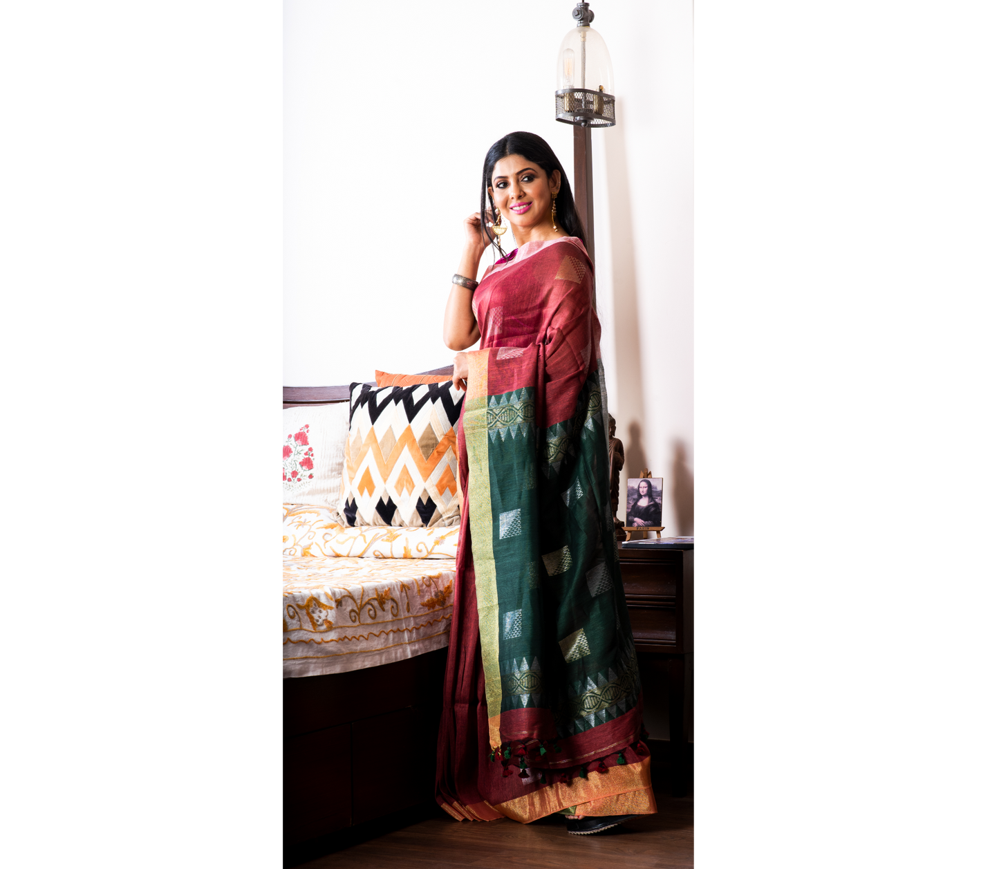 Handloom Linen Saree With All Over Work - Burgundy & Pine Green