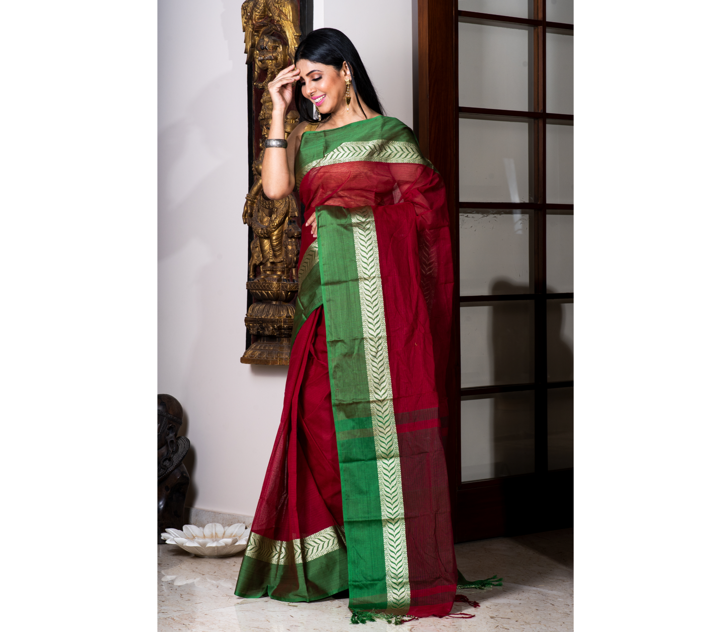 Handloom Tant Saree - Maroon With Green Par