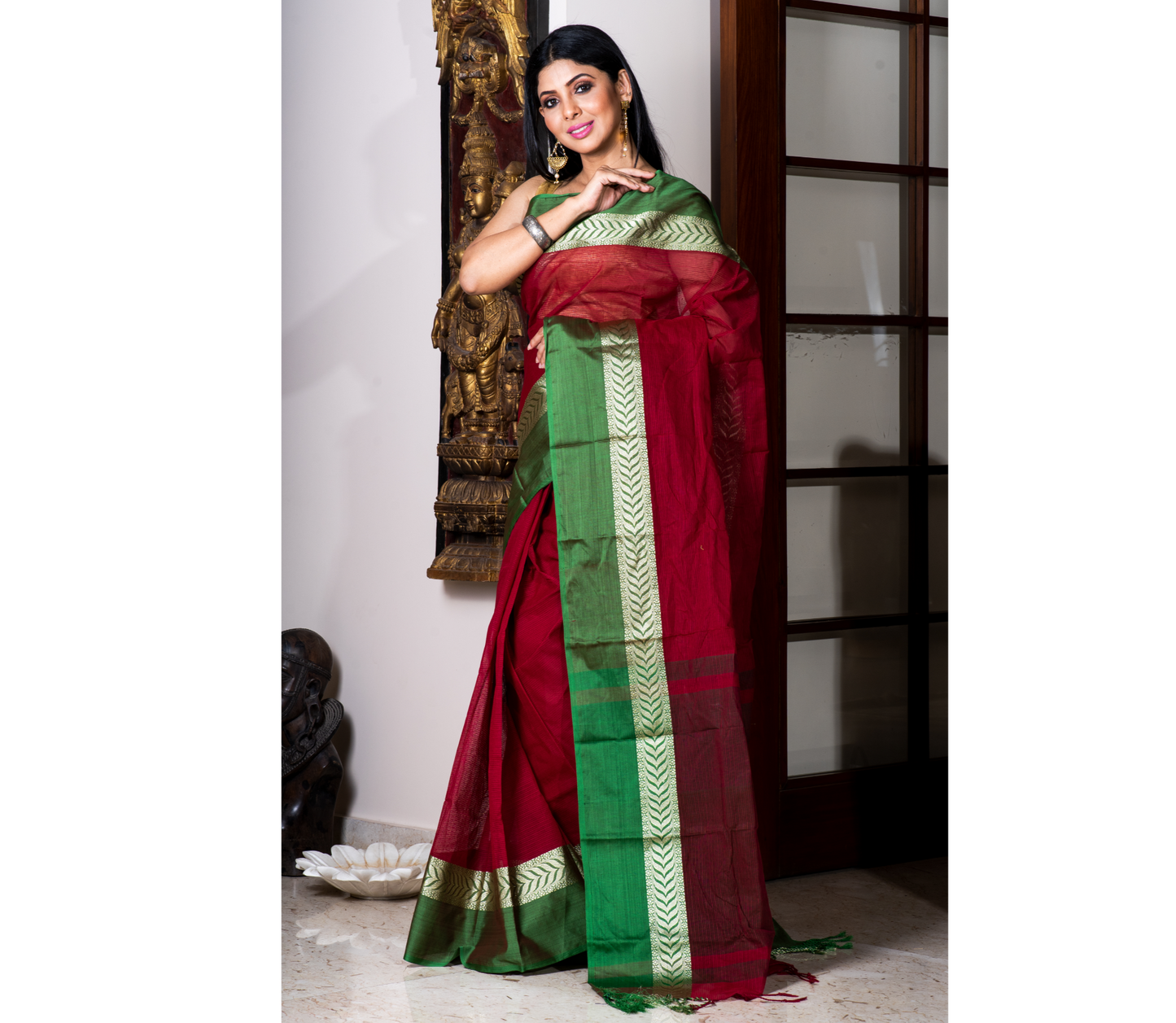 Handloom Tant Saree - Maroon With Green Par