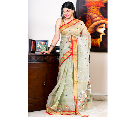 Handloom Muslin Silk Saree - Moss Green & Red Paar