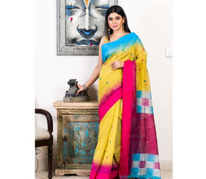 Handloom Saree - Pink & Blue Par On Mustard Yellow