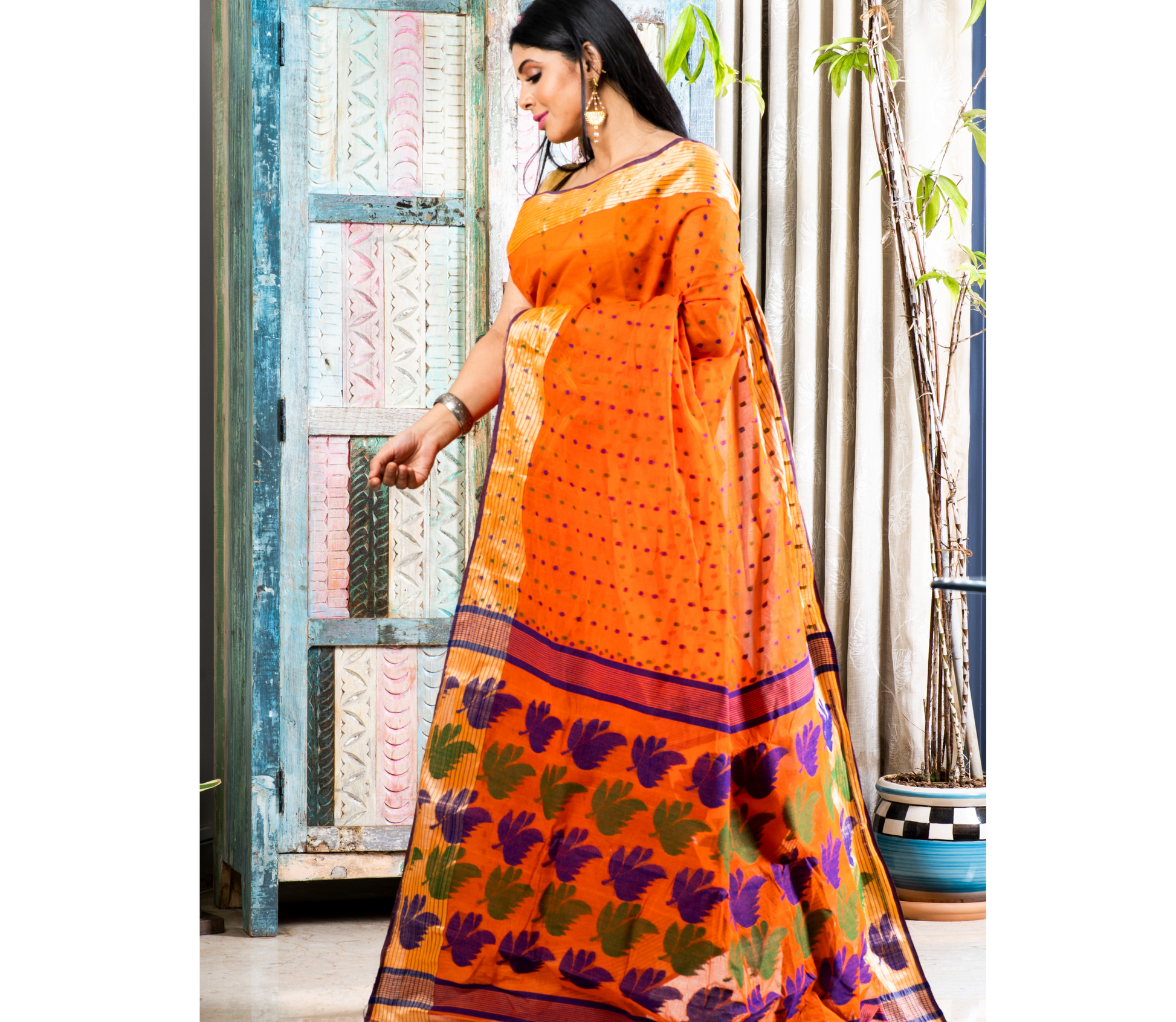 Handloom Tant Saree - Blue & Green thread Work On Orange - ArtisanSoul