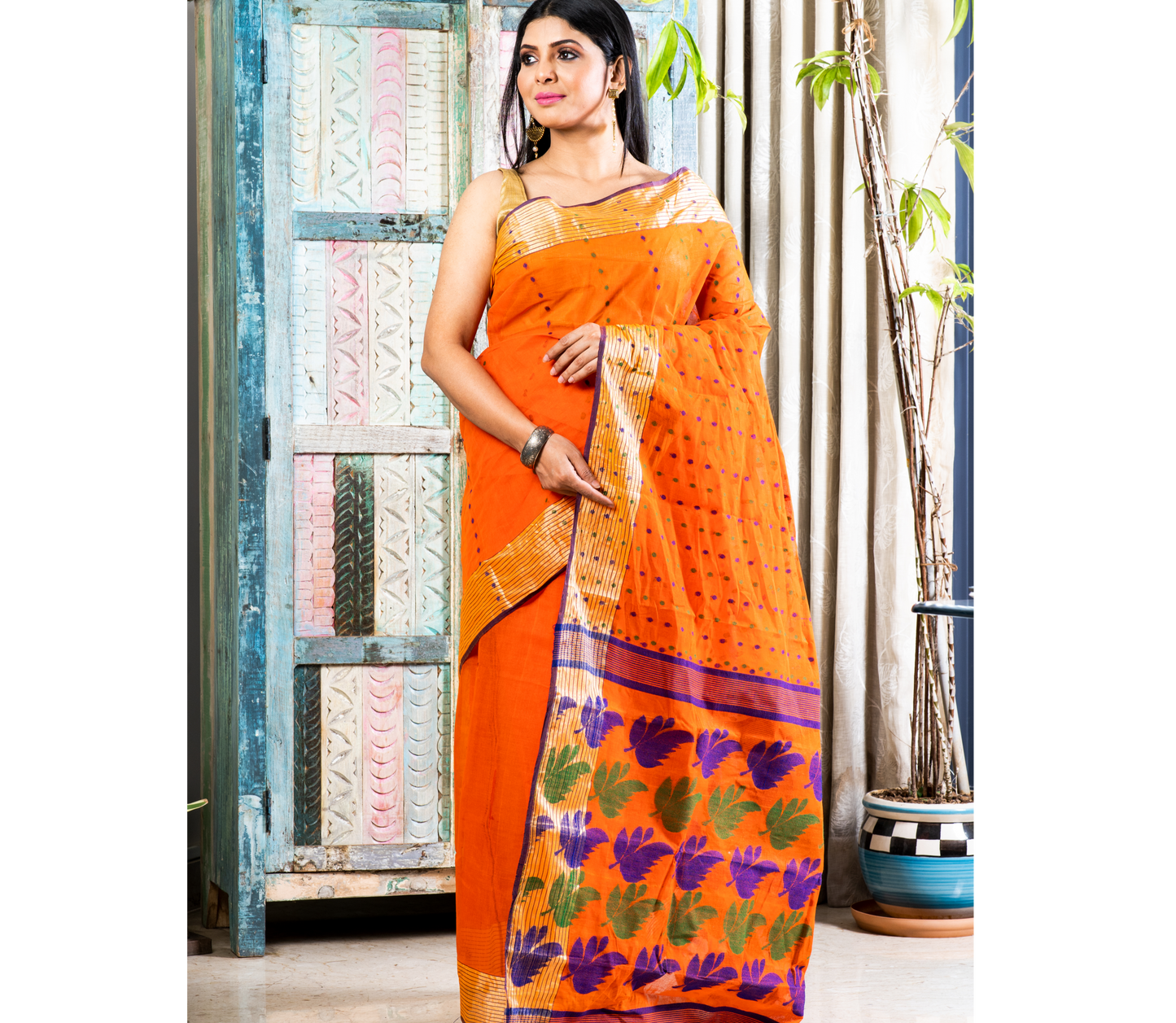 Handloom Tant Saree - Blue & Green thread Work On Orange - ArtisanSoul