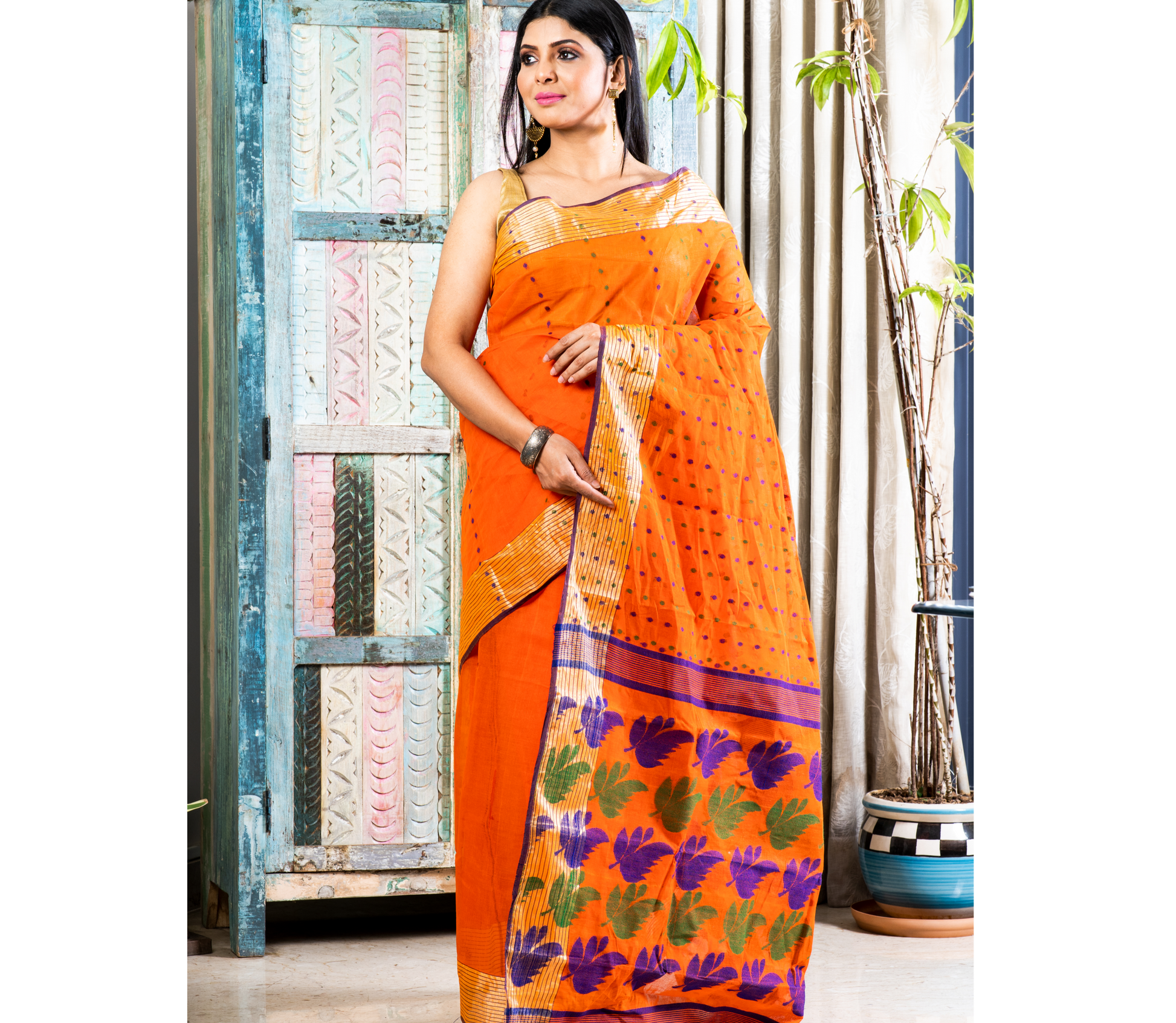 Handloom Tant Saree - Blue & Green thread Work On Orange - ArtisanSoul