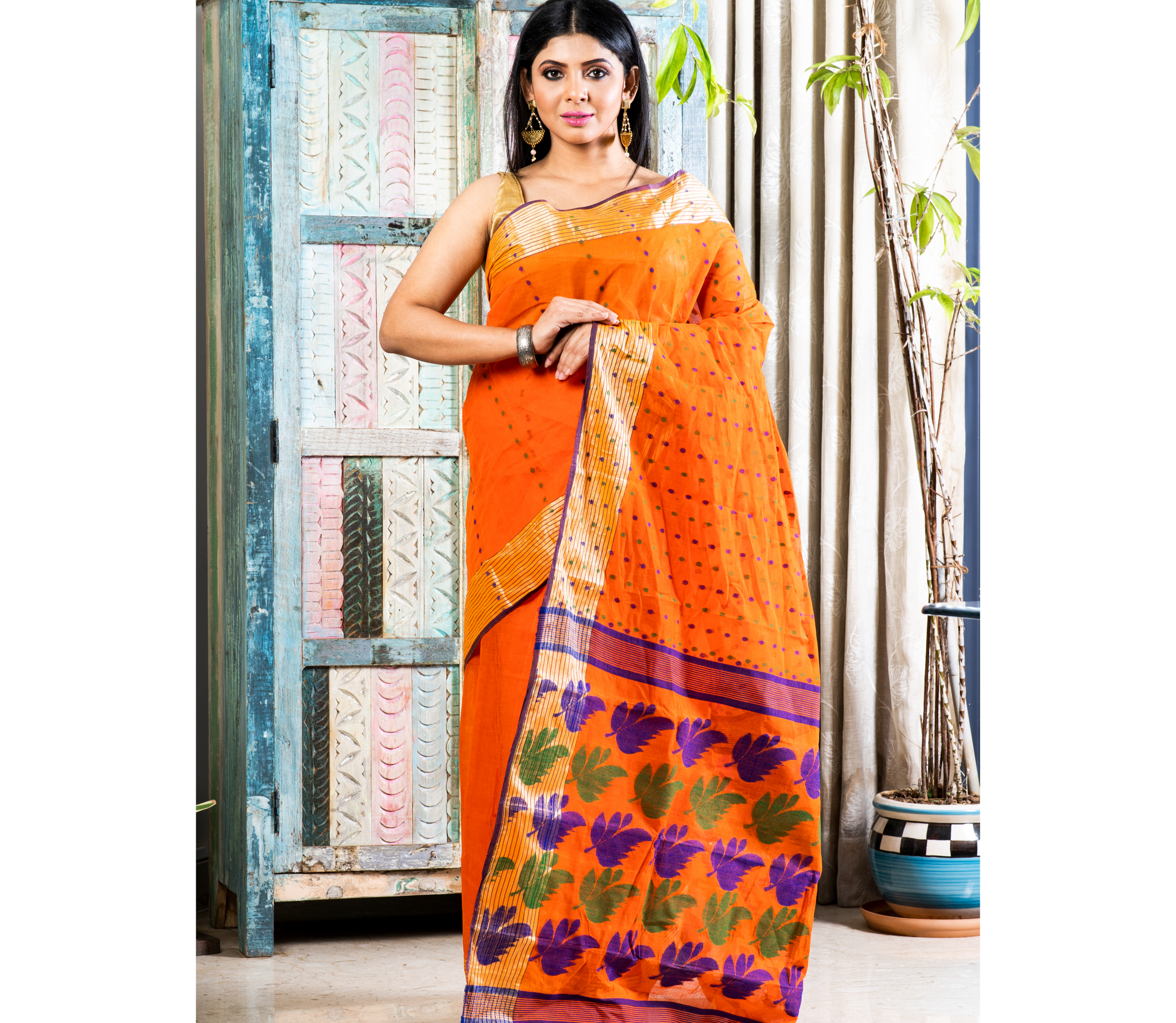 Handloom Tant Saree - Blue & Green thread Work On Orange - ArtisanSoul