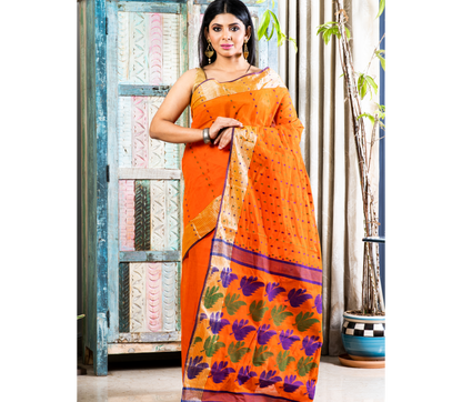 Handloom Tant Saree - Blue & Green thread Work On Orange - ArtisanSoul