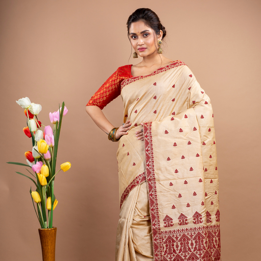 Assam Silk Saree - Golden with Maroon thread Work - ArtisanSoul