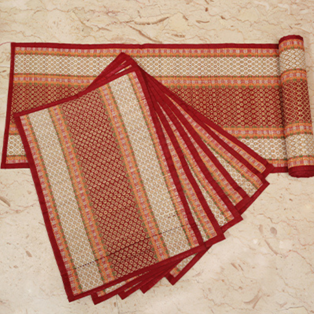 Red and Beige Handwoven Madurkathi Table Mat and Runner Set — TVAMI