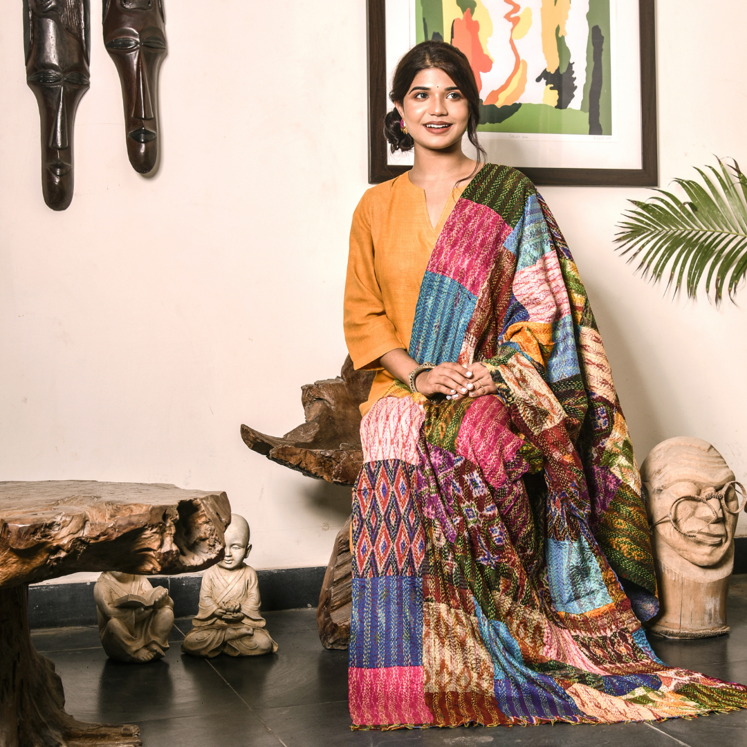 Kantha Stitch Work on Patched Dupatta - ArtisanSoul
