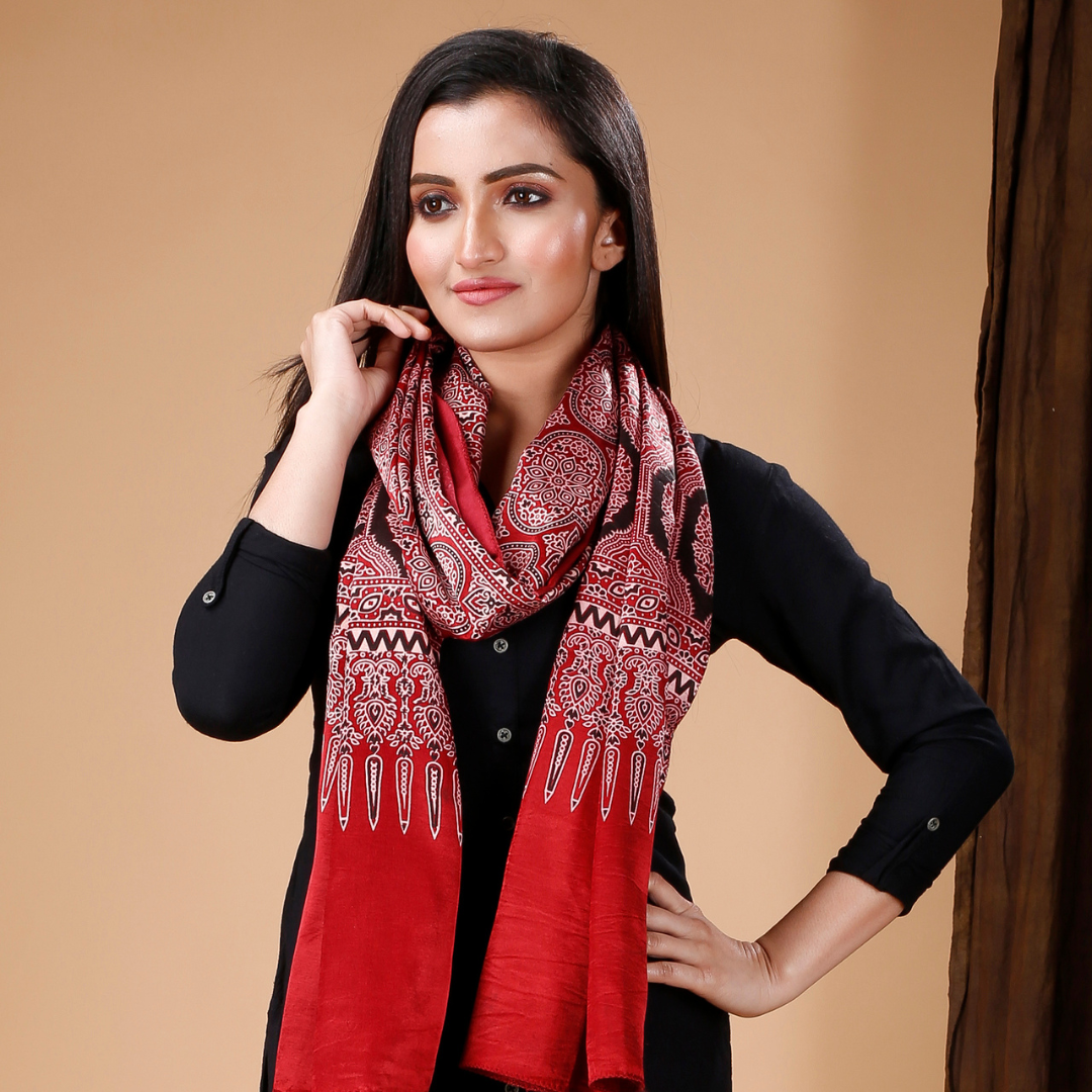 Ajrakh Print Modal Silk Stole From Bengal - Maroon - ArtisanSoul