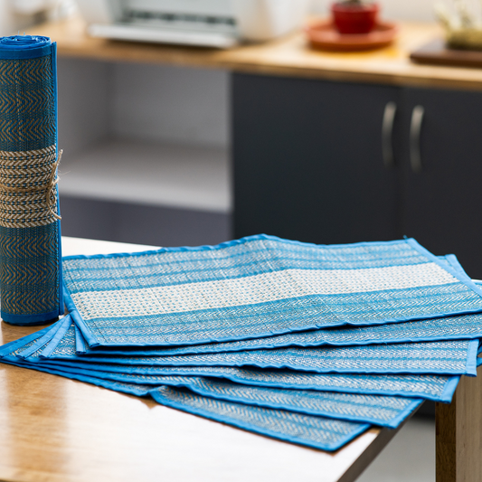 Madur Kathi Handcrafted Table Mat With Runner - Blue & White - ArtisanSoul