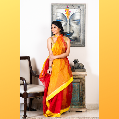Handloom saree with All Over Chumki Work - Red and Yellow - ArtisanSoul