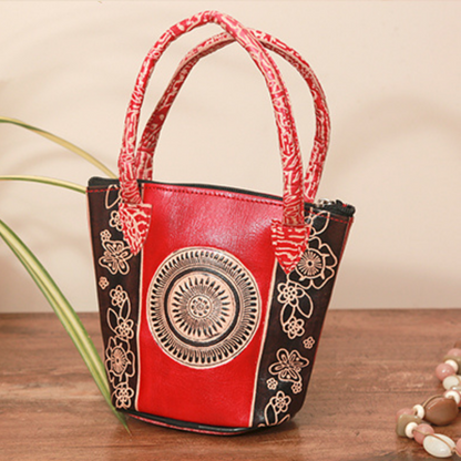 Embossed Leather Potli Bag for Women from Birbhum - Mandala on Red - ArtisanSoul