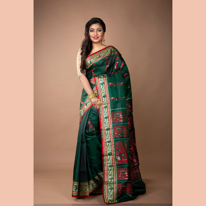 Murshidabad Silk - Double Jakard Handloom Minakari Garod Saree - Bottle Green - ArtisanSoul