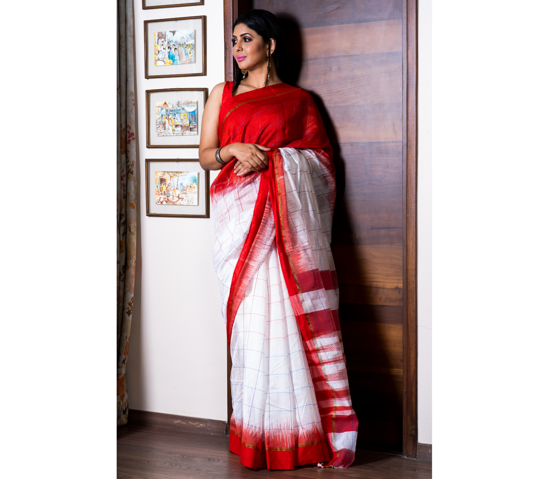 Pure Silk Kalamkari Hand Painted Saree Red, Black and Off-white