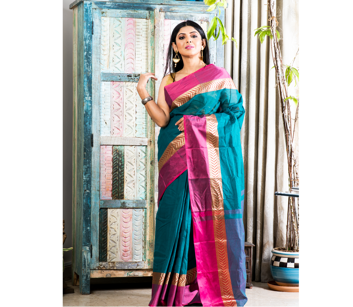 Handloom Tant Saree - Teal Blue With Pink Par