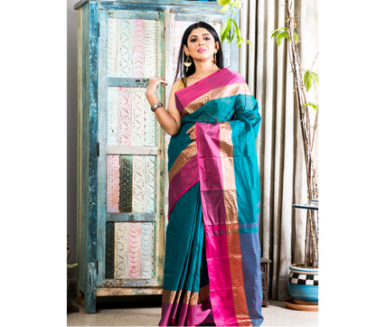 Handloom Tant Saree - Teal Blue With Pink Par