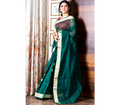 Handloom Tant Saree - Teal Blue - ArtisanSoul