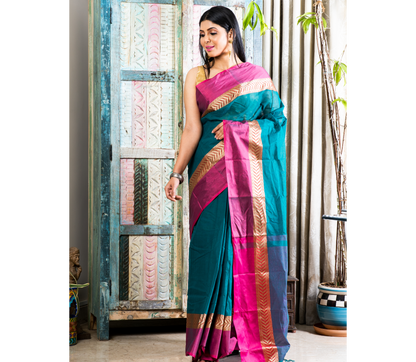 Handloom Tant Saree - Teal Blue With Pink Par