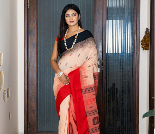 Handloom Cotton Saree with Anchal Kuchi Design in Red - ArtisanSoul