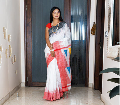 Handloom work on Linen Jamdani - White and Red