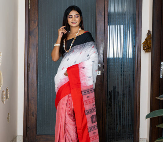 Handloom Cotton Saree with Anchal Kuchi Design in Red and Black on White - ArtisanSoul