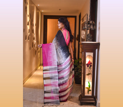 Handloom Ikkat Saree - Black and Pink on Silver - ArtisanSoul