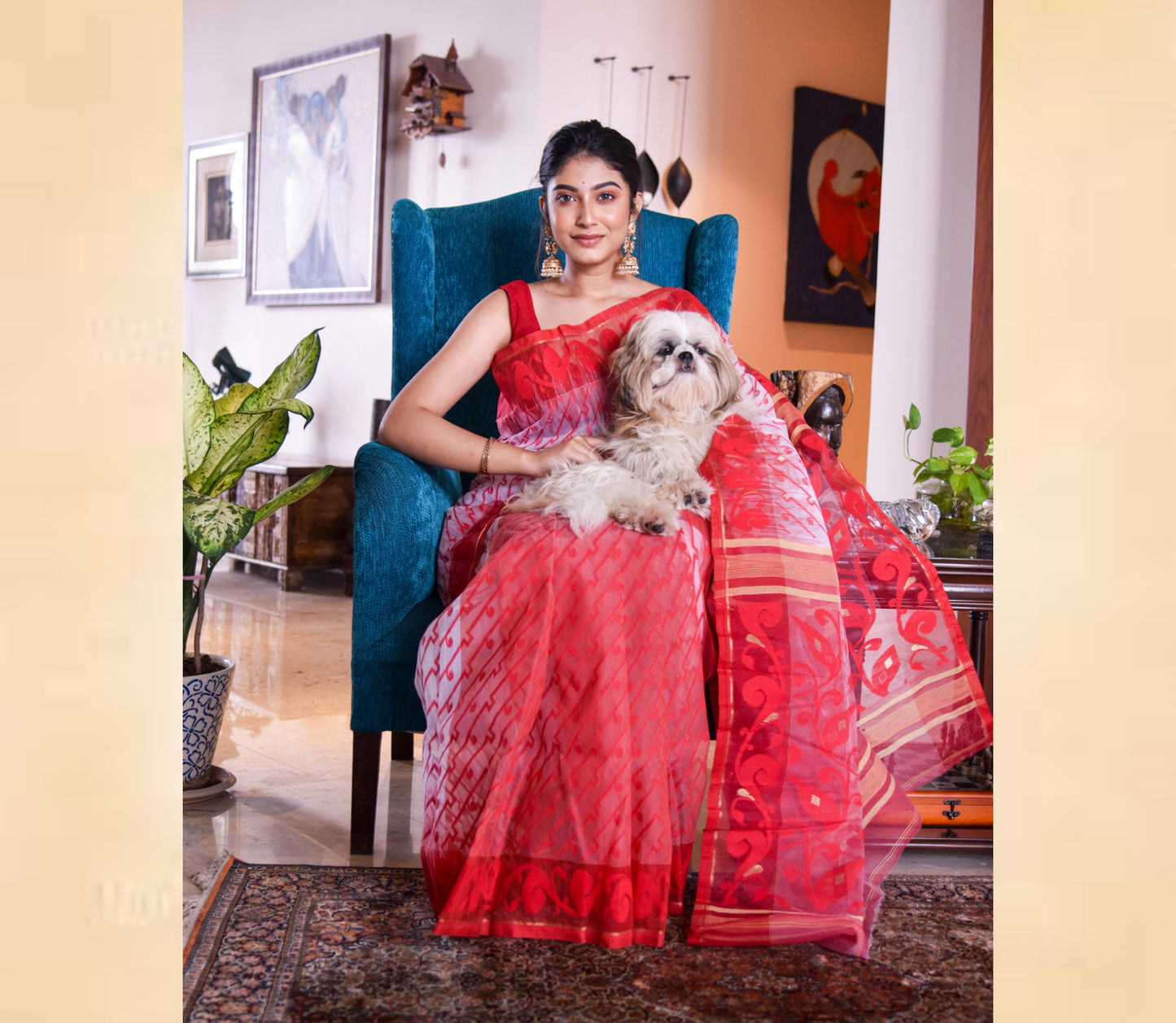 Handloom work on Cotton Silk with Jamdani Anchal Kuchi Design - Red and White - ArtisanSoul