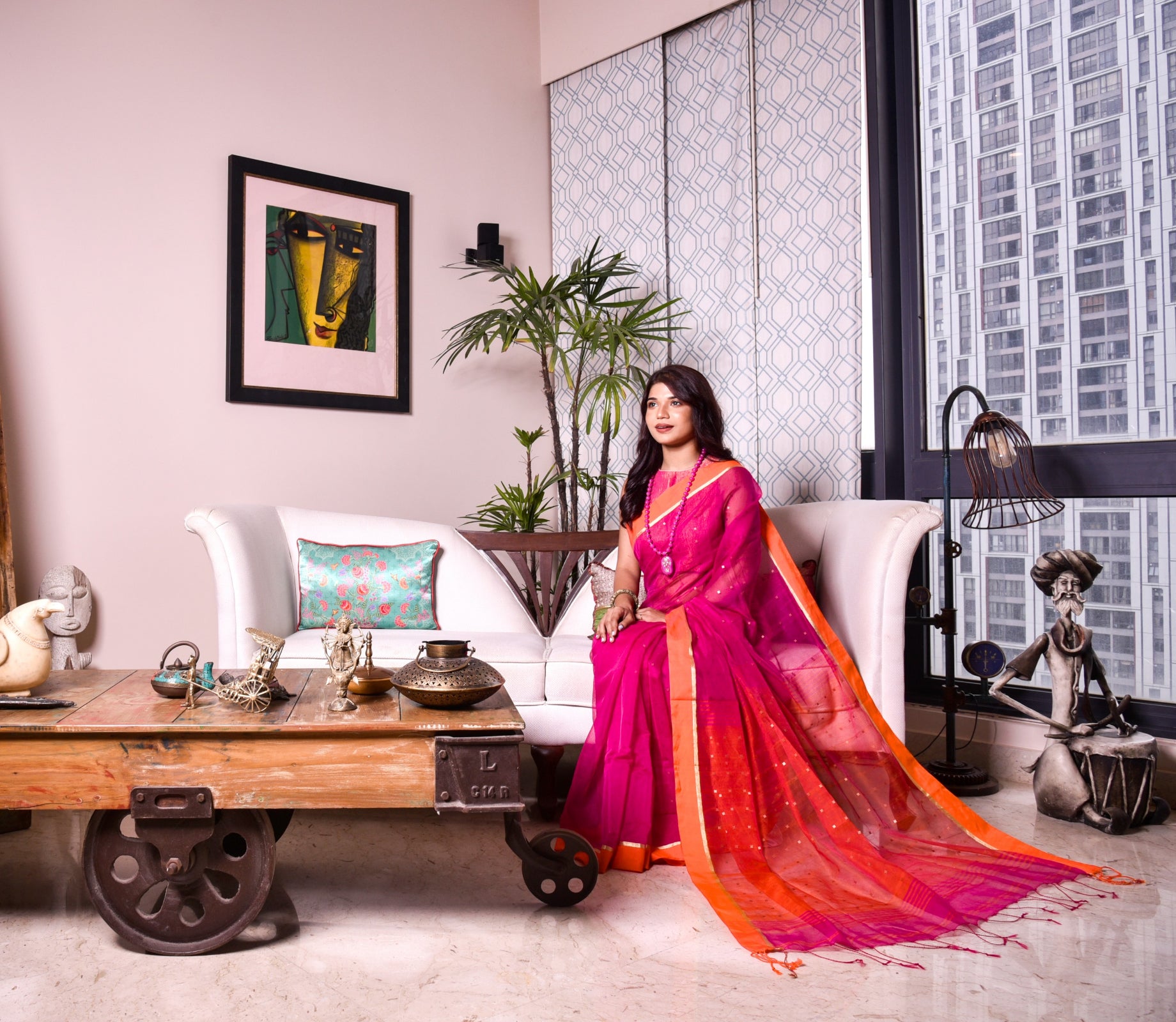 Handloom saree with All Over Chumki Work - Orange and Purple - ArtisanSoul