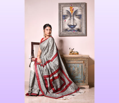 Kantha Stitch Applique Design Saree - Red and Black